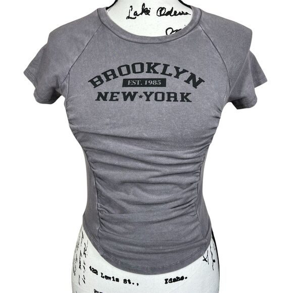 Just Polly Grey Crew neck Ruched-Front Baby Tee T-Shirt size M  Brooklyn casual - Picture 1 of 11